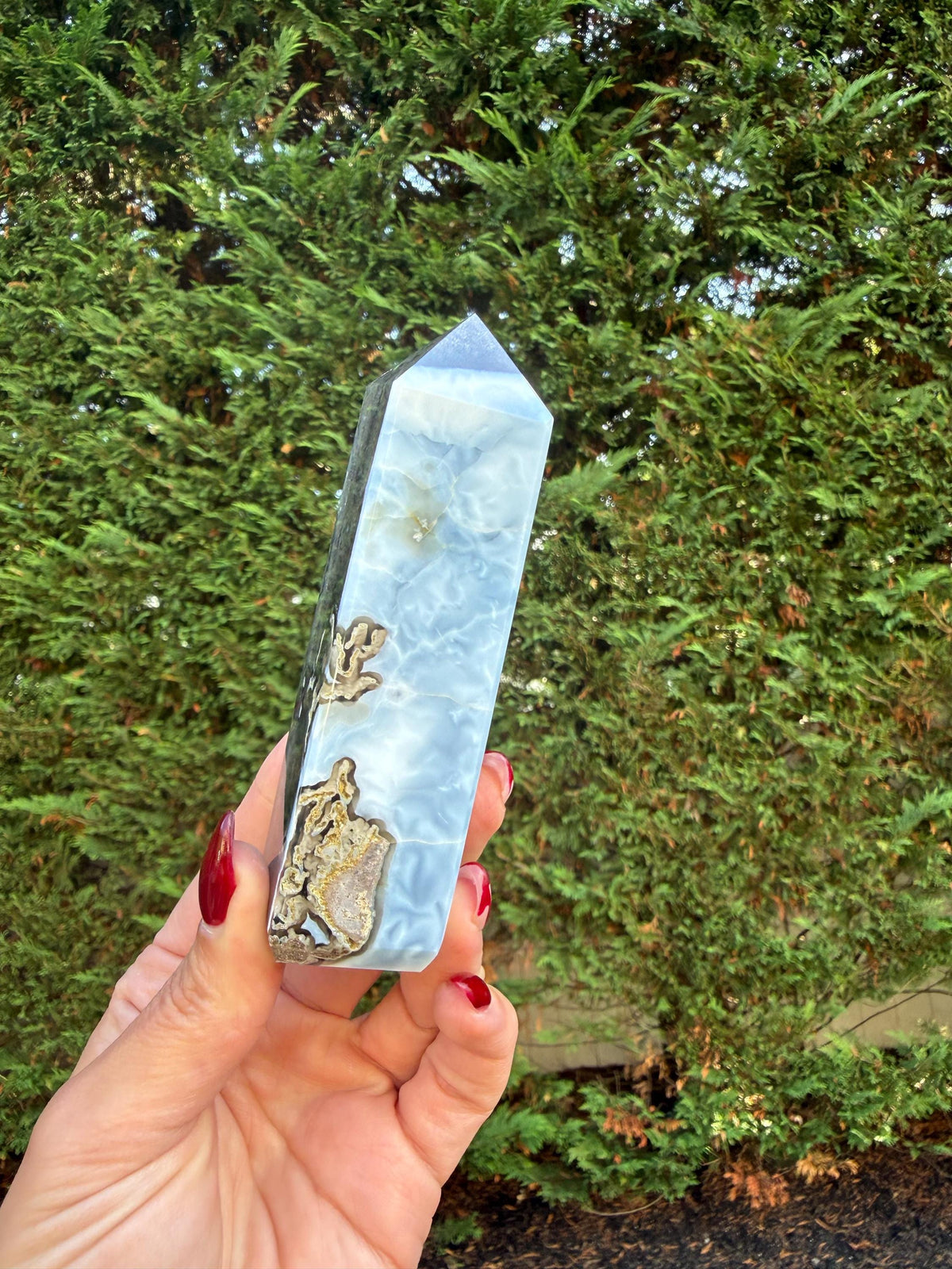 Owyhee Blue Opal Tower • Moss Agate Inclusions, Calming Crystal Point