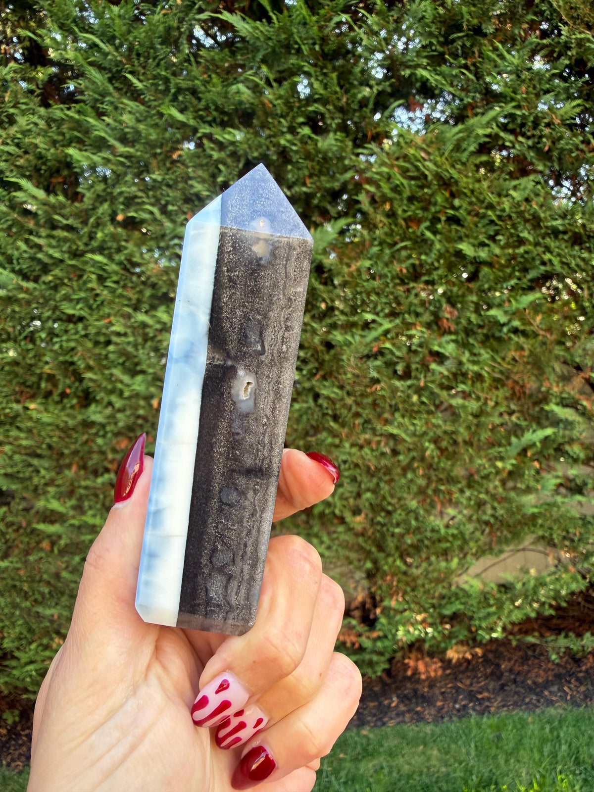Owyhee Blue Opal Tower • Moss Agate Inclusions, Calming Crystal Point