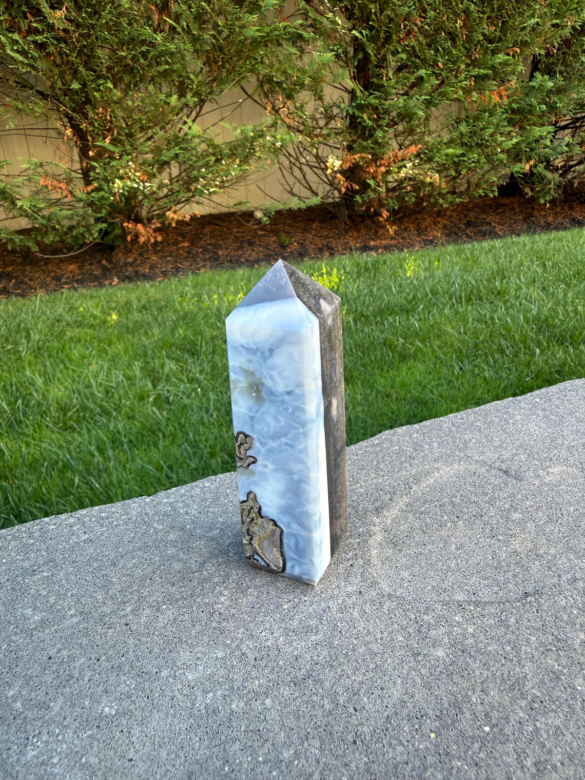 Owyhee Blue Opal Tower • Moss Agate Inclusions, Calming Crystal Point