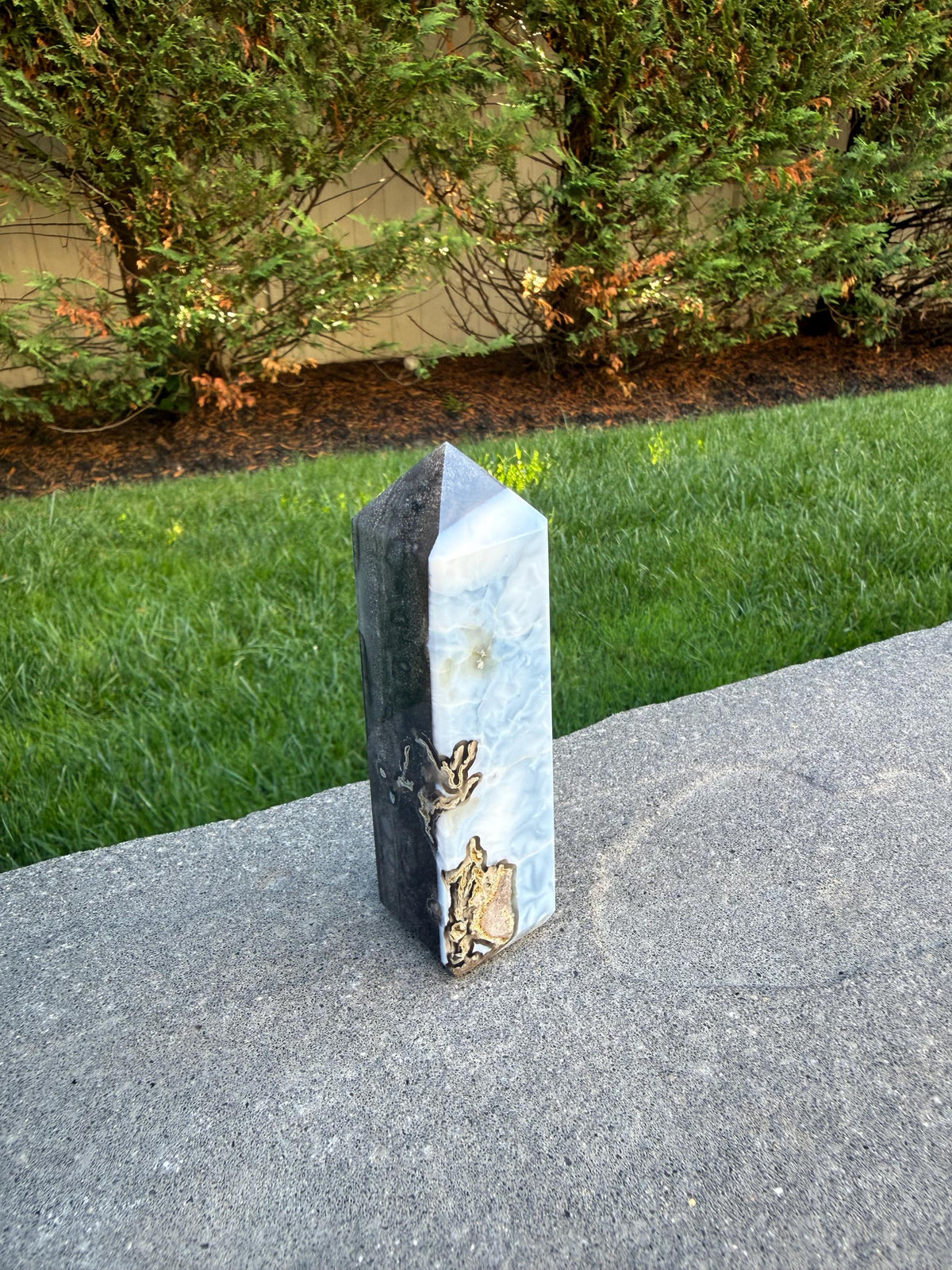 Owyhee Blue Opal Tower • Moss Agate Inclusions, Calming Crystal Point