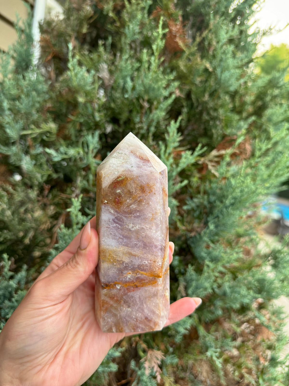 feather fluorite garden crystal tower, purple crystal tower