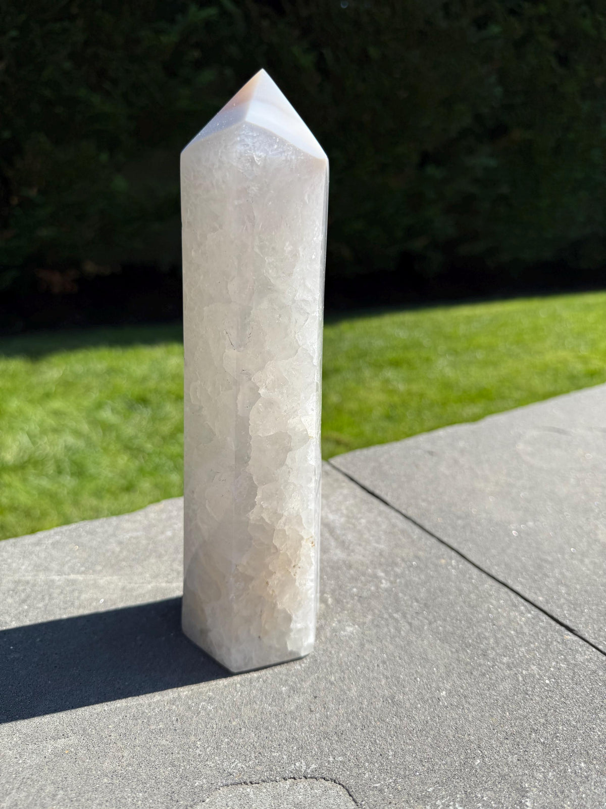 Back of Blue Banded Agate Quartz Tower with smooth polish and visible layered agate bands with quartz.