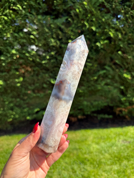 Black Flower Agate Druzy Crystal Tower • Polished Obelisk, Spiritual Decor