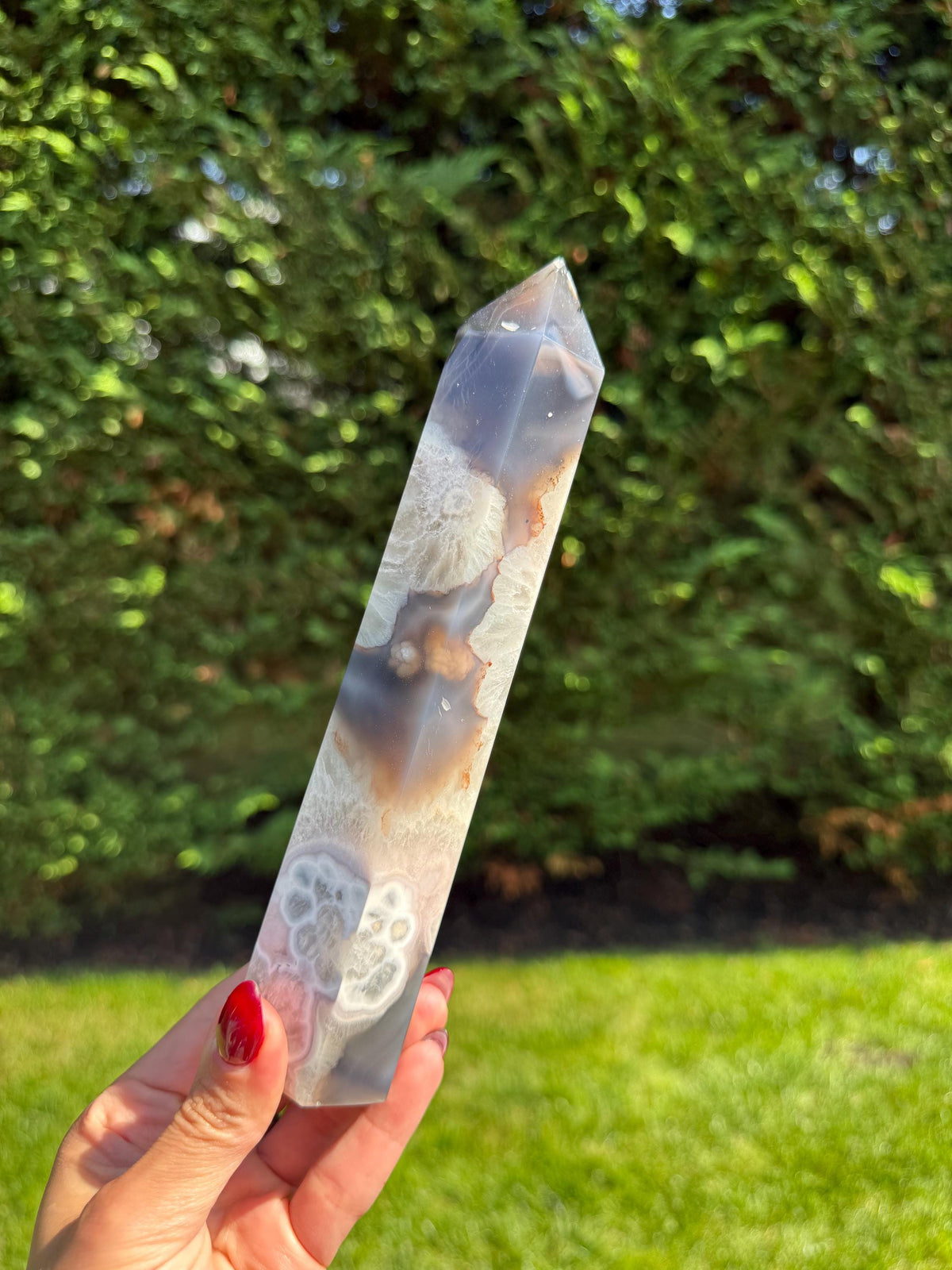 Large Black Flower Agate Druzy Crystal Tower with polished surface and sparkling druzy pockets.