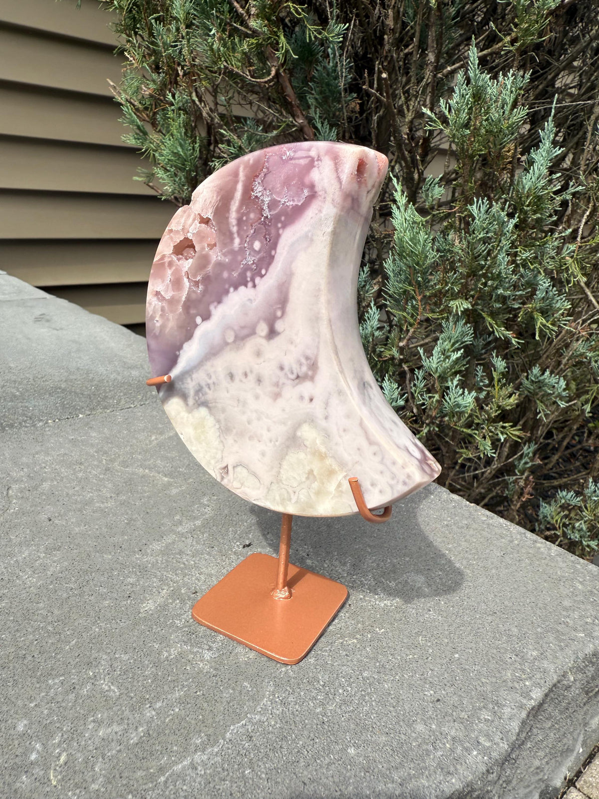 Pink Amethyst Druzy Moon Carving • Celestial Crystal Stand Display