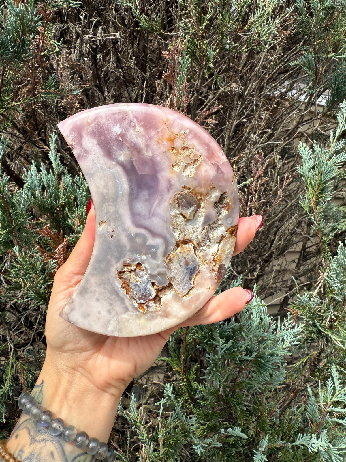 Pink Amethyst Druzy Moon Carving • Celestial Crystal Stand Display