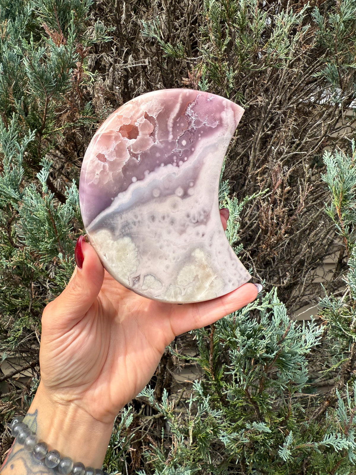 Pink Amethyst Druzy Moon Carving • Celestial Crystal Stand Display