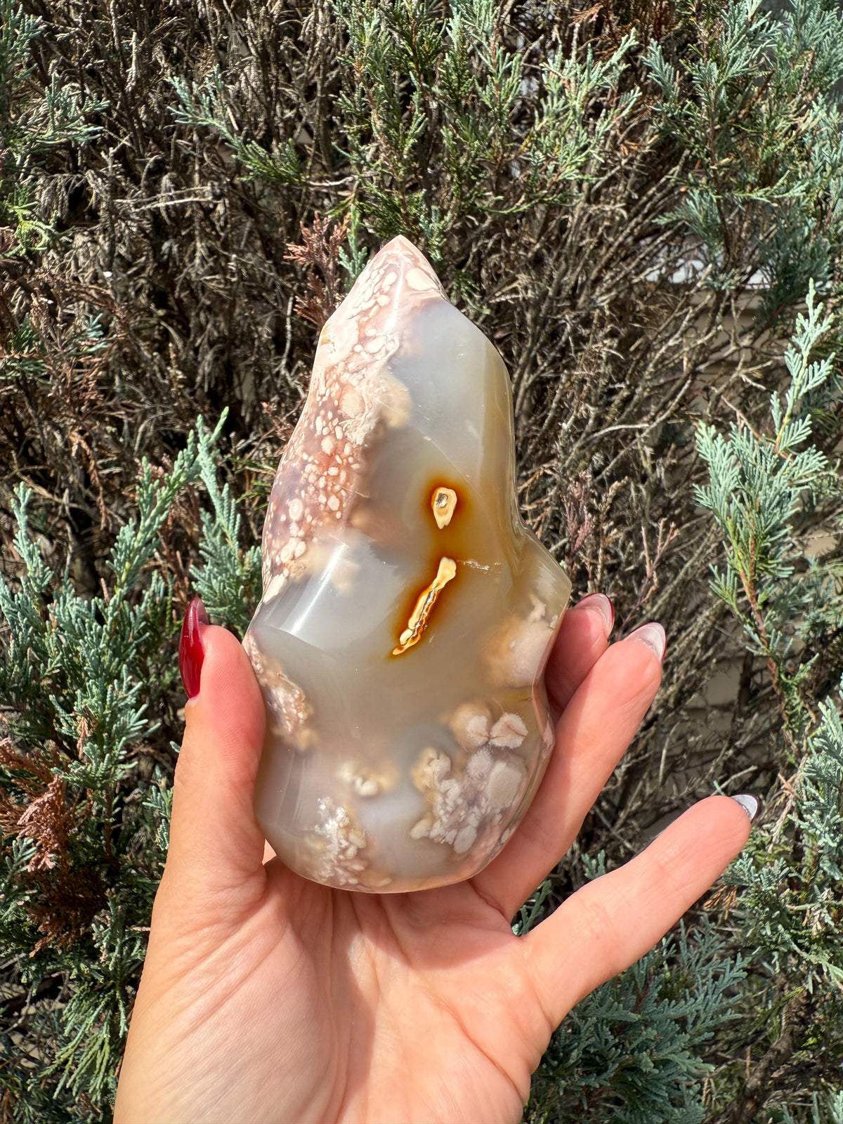 Flower Agate Flame Carving • Crystal Flame • Natural Healing Stone • Freeform Gemstone Sculpture • Spiritual Decor
