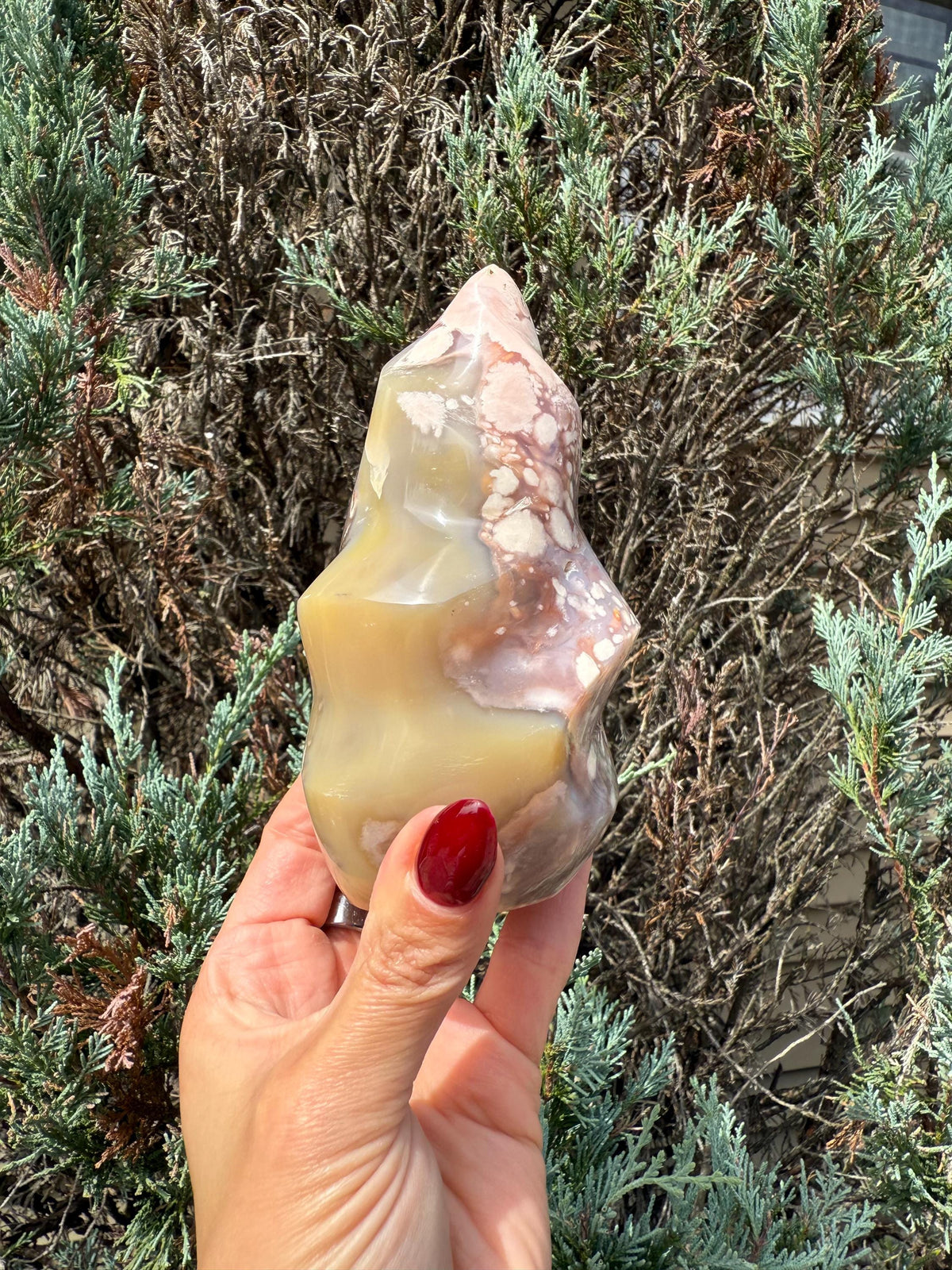 Flower Agate Flame Carving • Crystal Flame • Natural Healing Stone • Freeform Gemstone Sculpture • Spiritual Decor