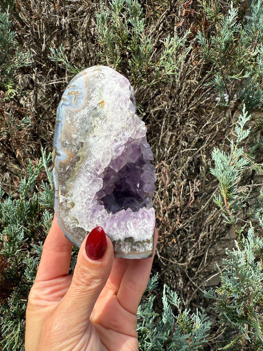 Purple Amethyst & Agate Druzy Cut Base • Banded Crystal Geode • Home Decor • Healing Mineral Specimen