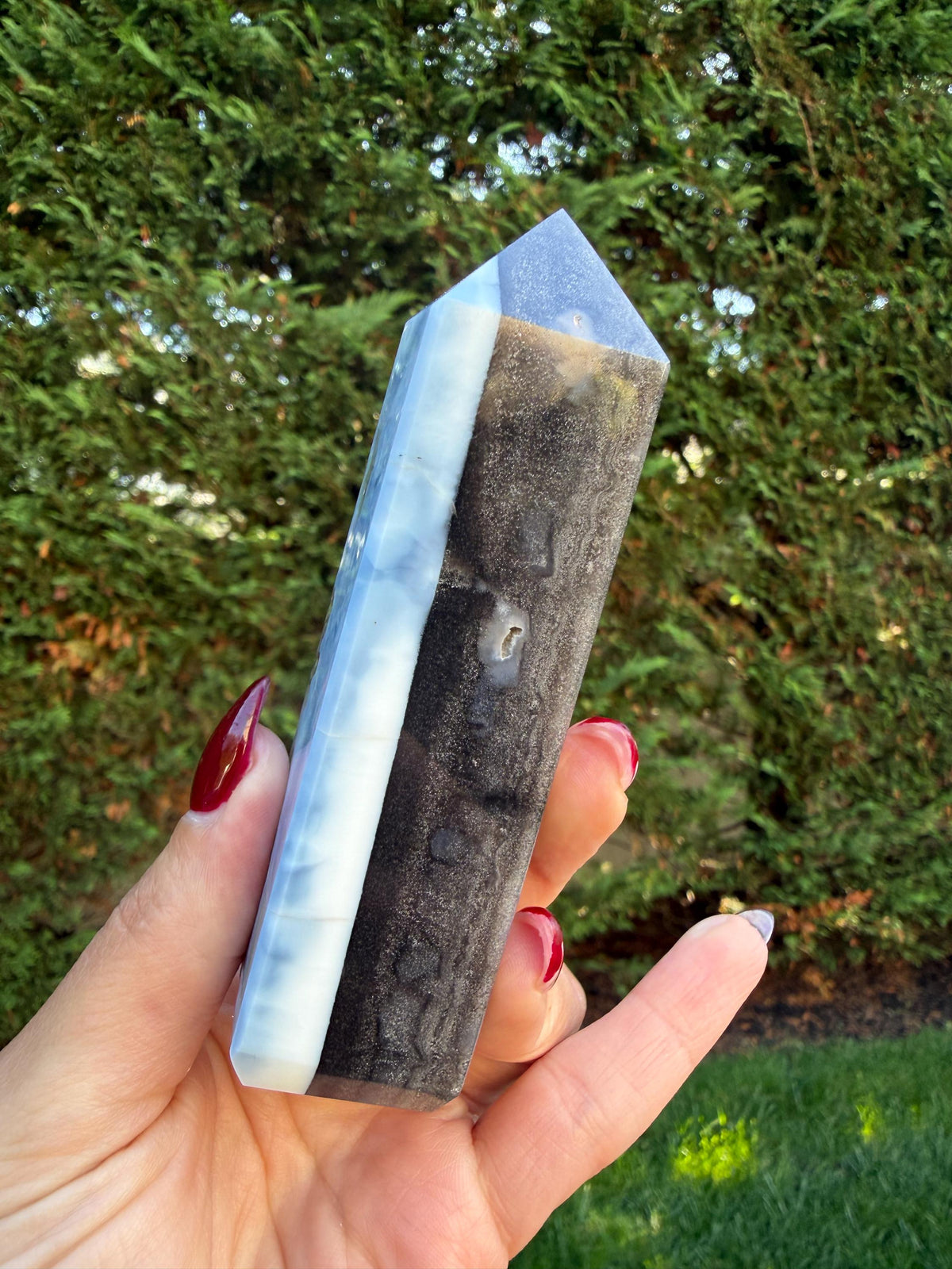 Owyhee Blue Opal Tower • Moss Agate Inclusions, Calming Crystal Point