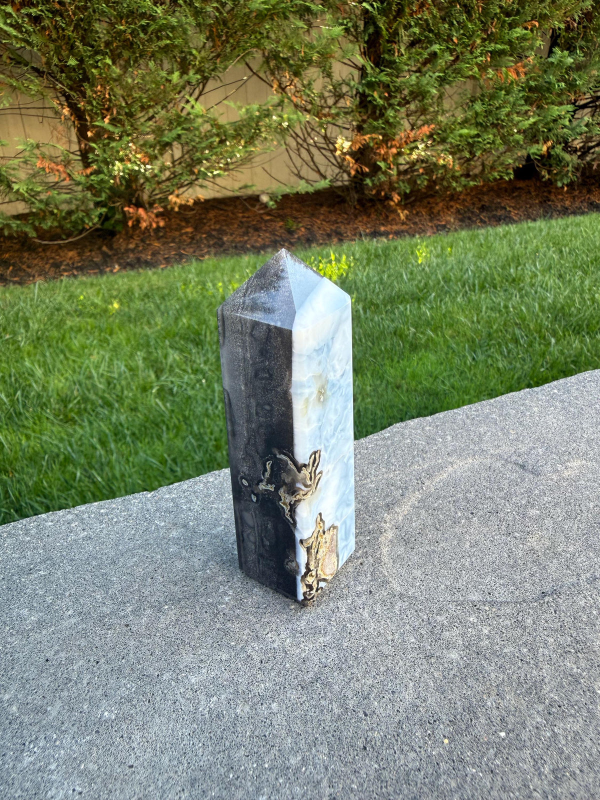 Owyhee Blue Opal Tower • Moss Agate Inclusions, Calming Crystal Point