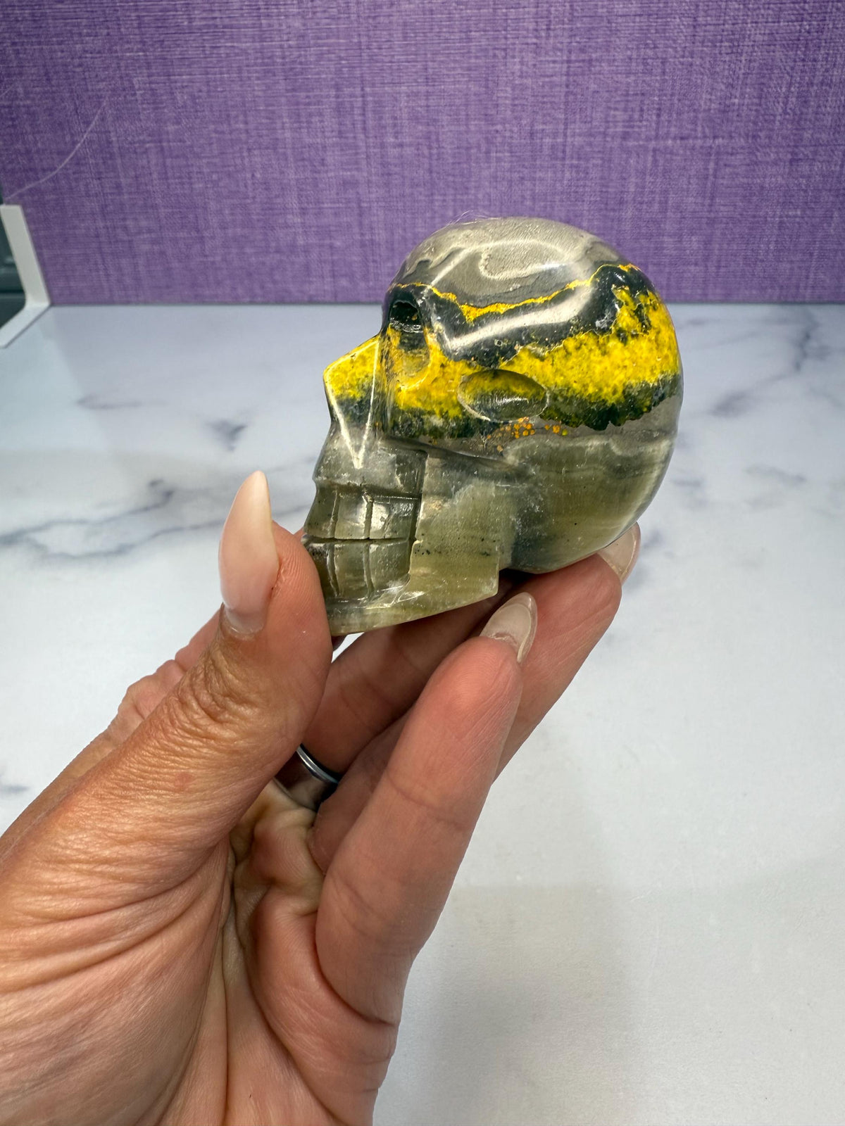 Yellow & Black Jasper Crystal Skull: Earthy Protection Stone