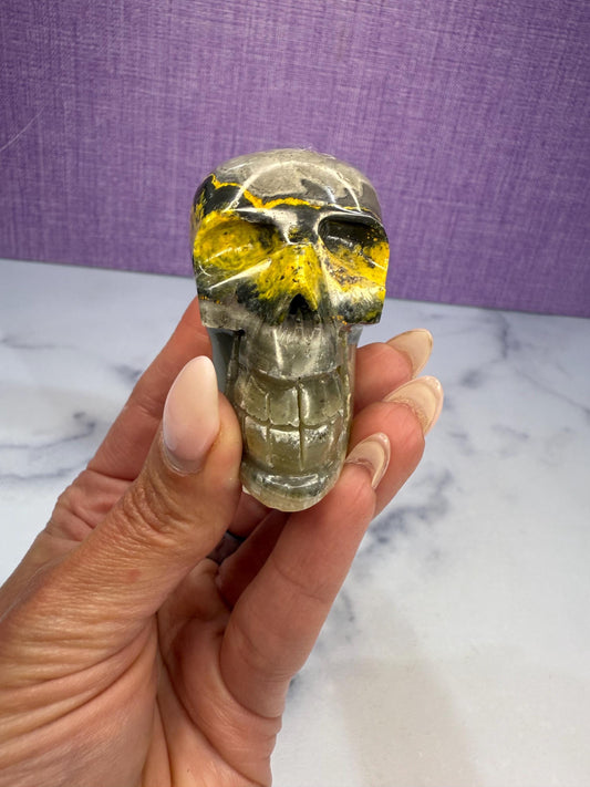 Yellow & Black Jasper Crystal Skull: Earthy Protection Stone