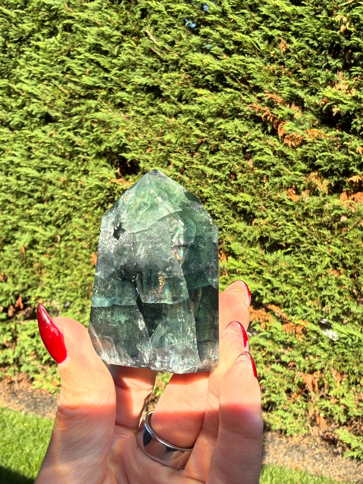 Green Fluorite Crystal Tower from Brazil: Polished Fluorite Point
