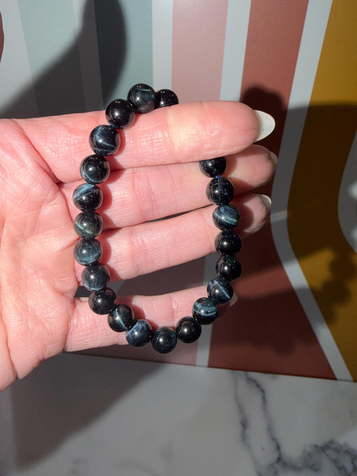 Blue Tiger’s Eye Crystal Stretch Beaded Bracelet, Protective Grounding Gemstone Jewelry (8.6mm)