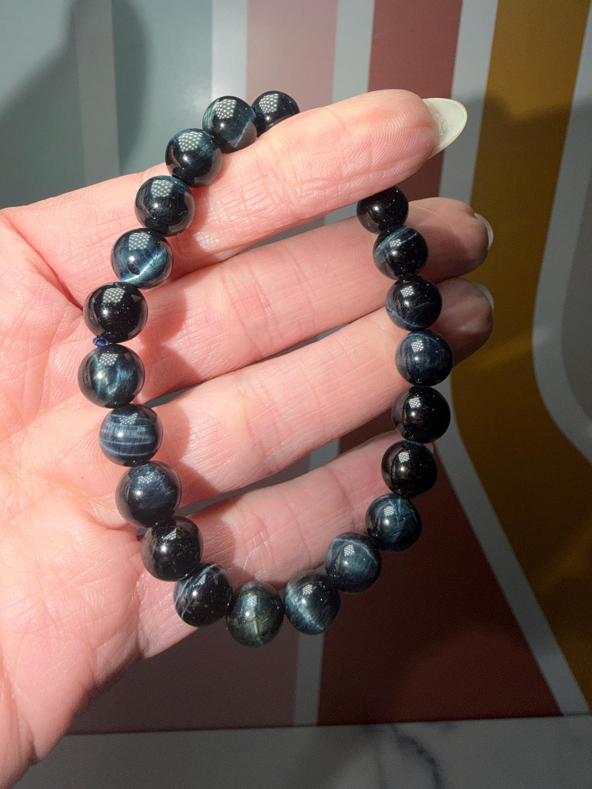 Blue Tiger’s Eye Crystal Stretch Beaded Bracelet, Protective Grounding Gemstone Jewelry (8.6mm)