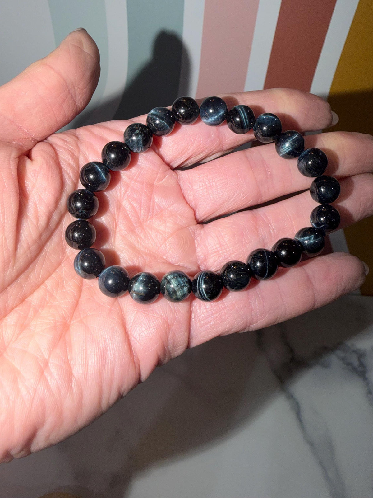 Blue Tiger’s Eye Crystal Stretch Beaded Bracelet, Protective Grounding Gemstone Jewelry (8.6mm)