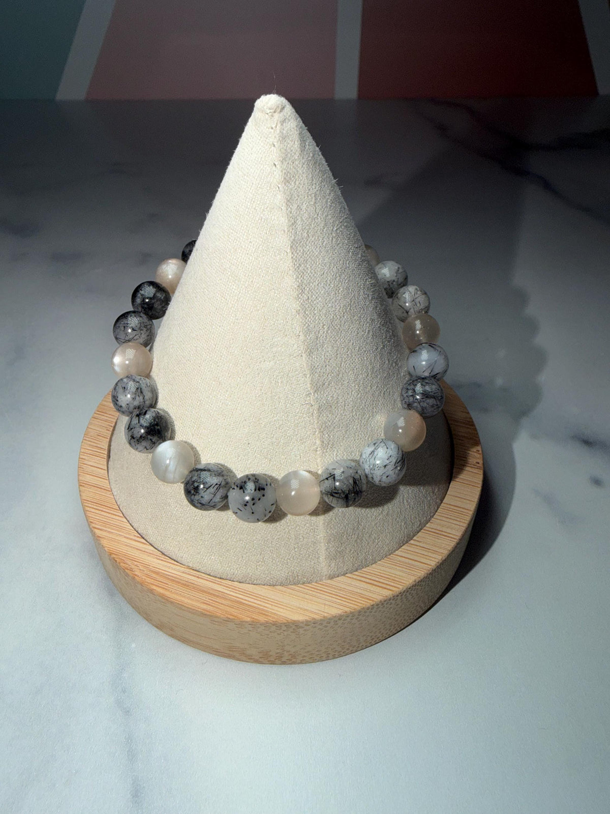 Moonstone and Tourmalated Quartz Stretch Beaded Bracelet, Intuition Protection Balance Jewelry (8.5mm)