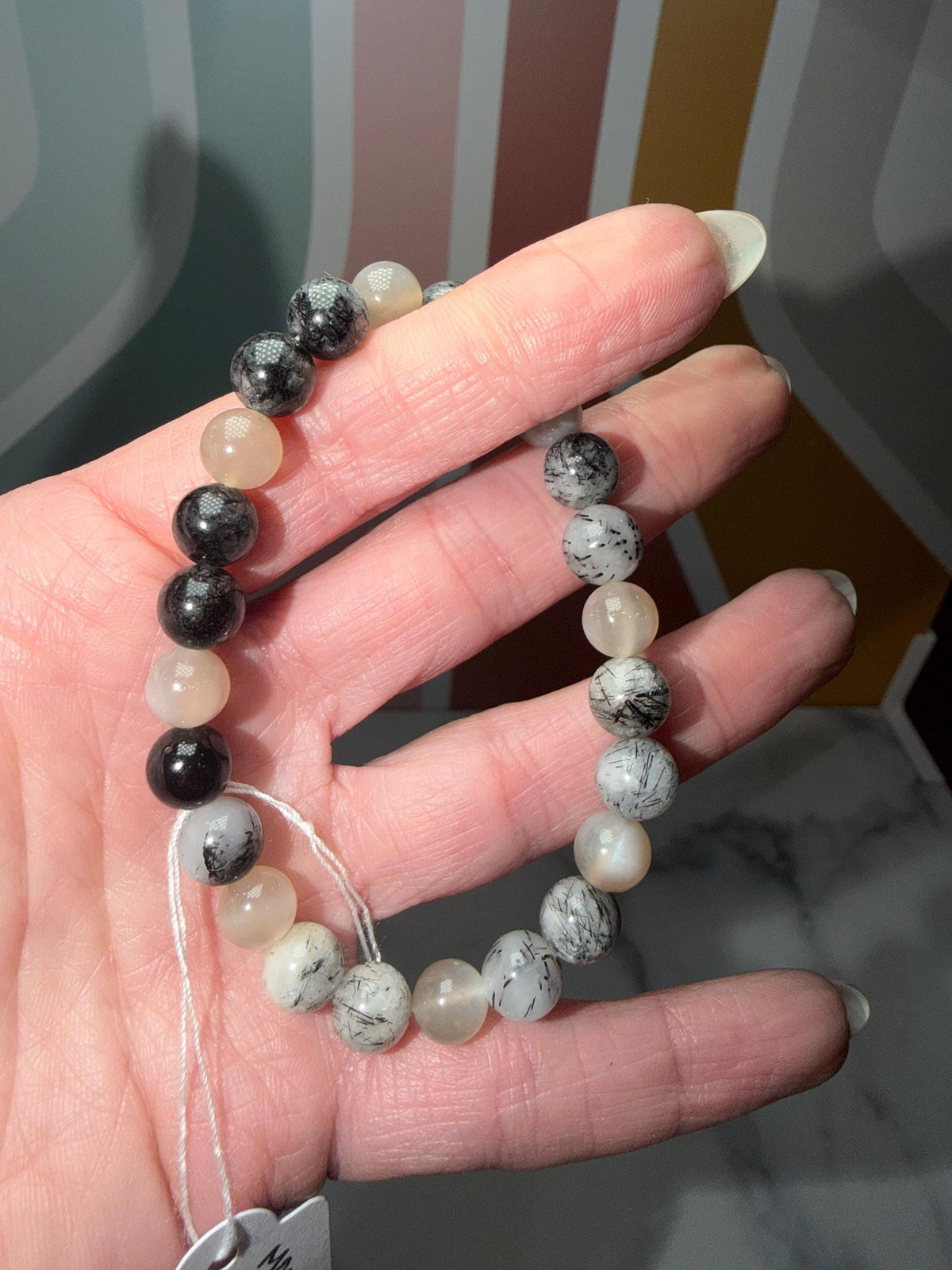 Moonstone and Tourmalated Quartz Stretch Beaded Bracelet, Intuition Protection Balance Jewelry (8.5mm)