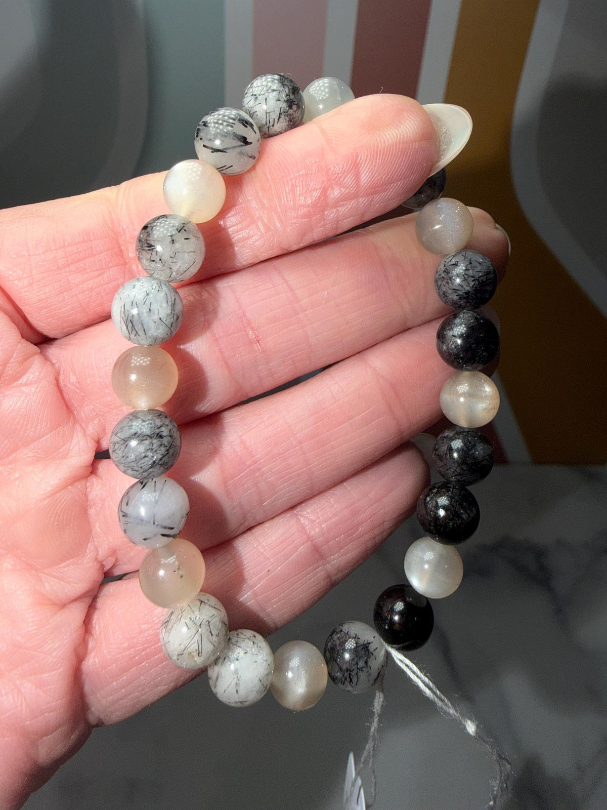 Moonstone and Tourmalated Quartz Stretch Beaded Bracelet, Intuition Protection Balance Jewelry (8.5mm)