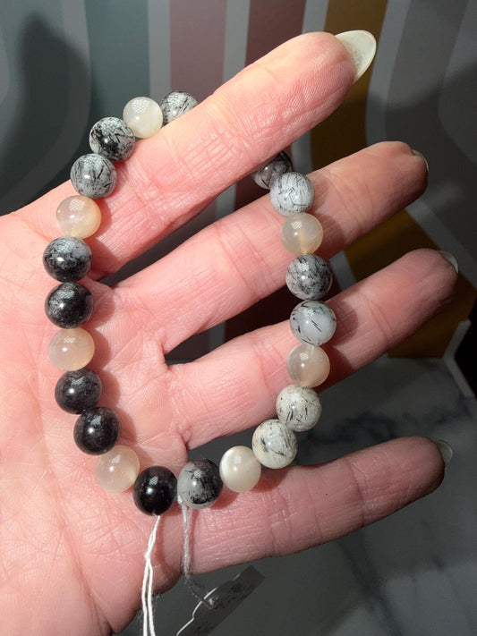 Moonstone and Tourmalated Quartz Stretch Beaded Bracelet, Intuition Protection Balance Jewelry (8.5mm)