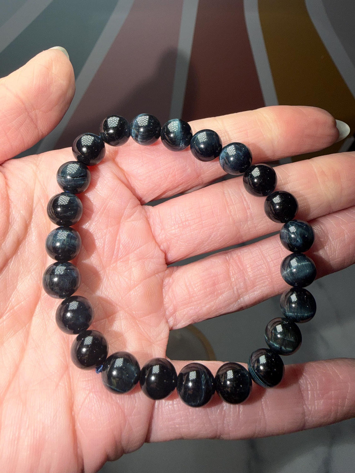 Blue Tiger’s Eye Crystal Stretch Beaded Bracelet, Protective Grounding Gemstone Jewelry (8.6mm)