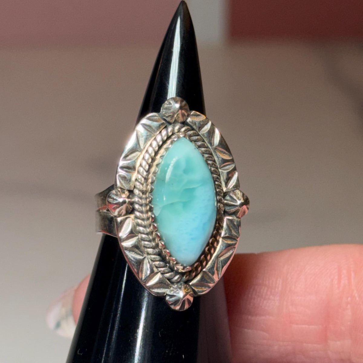 Marquise Larimar Ring, Sterling Silver 925, Natural Caribbean Gemstone, Statement Jewelry (size 6)
