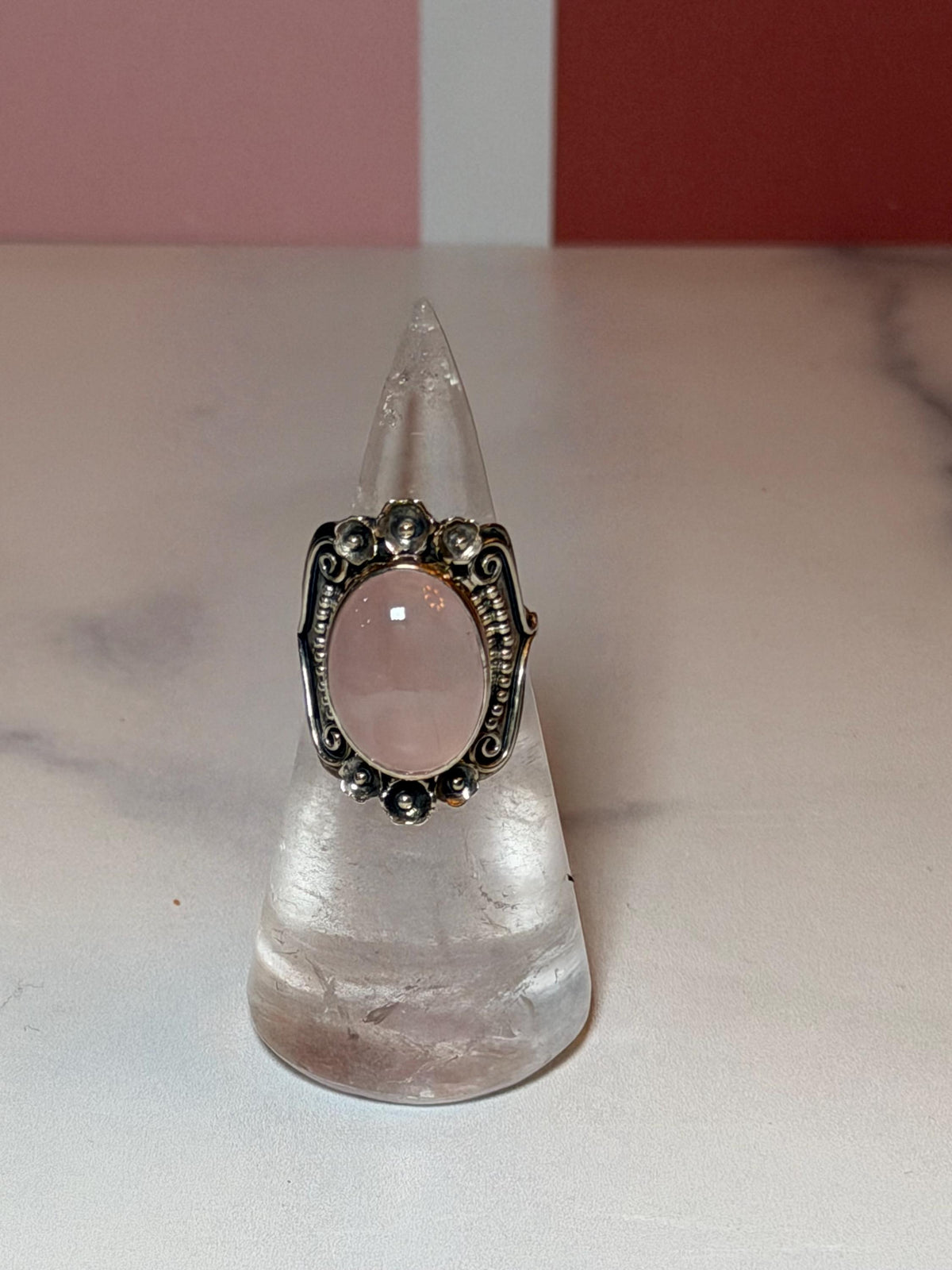 Rose Quartz Sterling Silver Floral Ring, Size 7, Romantic Gemstone Jewelry