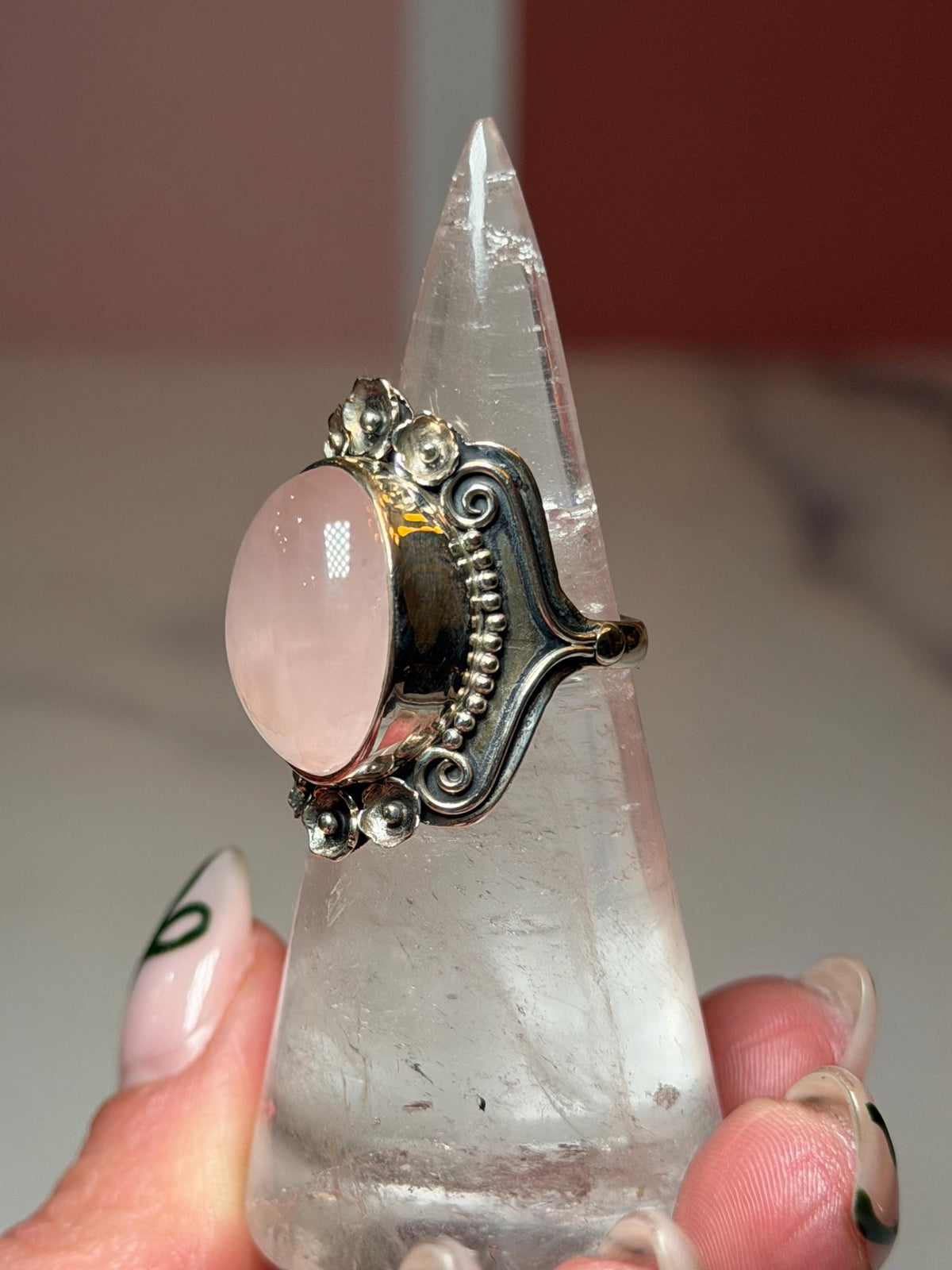 Rose Quartz Sterling Silver Floral Ring, Size 7, Romantic Gemstone Jewelry