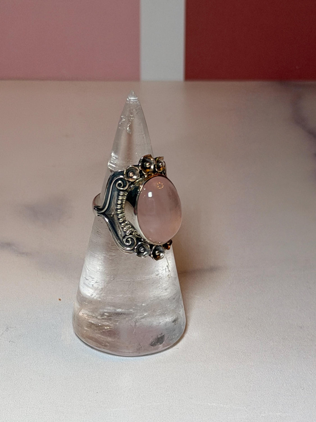 Rose Quartz Sterling Silver Floral Ring, Size 7, Romantic Gemstone Jewelry