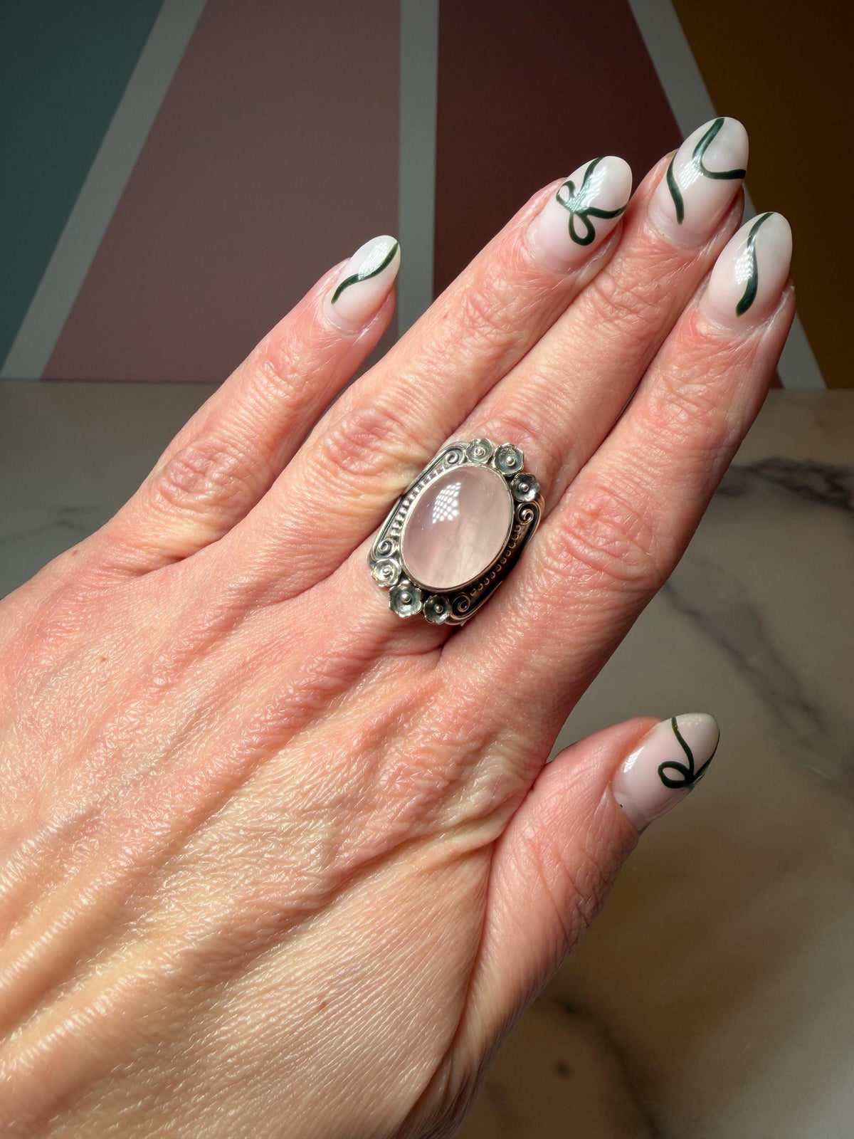 Rose Quartz Sterling Silver Floral Ring, Size 7, Romantic Gemstone Jewelry