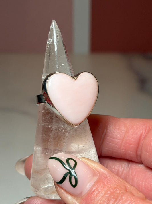 Pink Opal Heart Ring, Sterling Silver Adjustable Band, Romantic Gemstone Jewelry