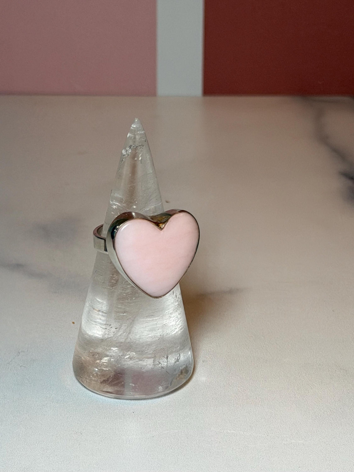 Pink Opal Heart Ring, Sterling Silver Adjustable Band, Romantic Gemstone Jewelry