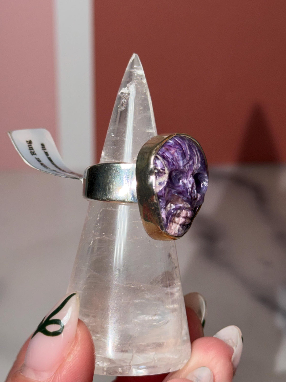 Kammererite Skull Ring • 925 Sterling Silver • Gothic Crystal Jewelry • Size 7