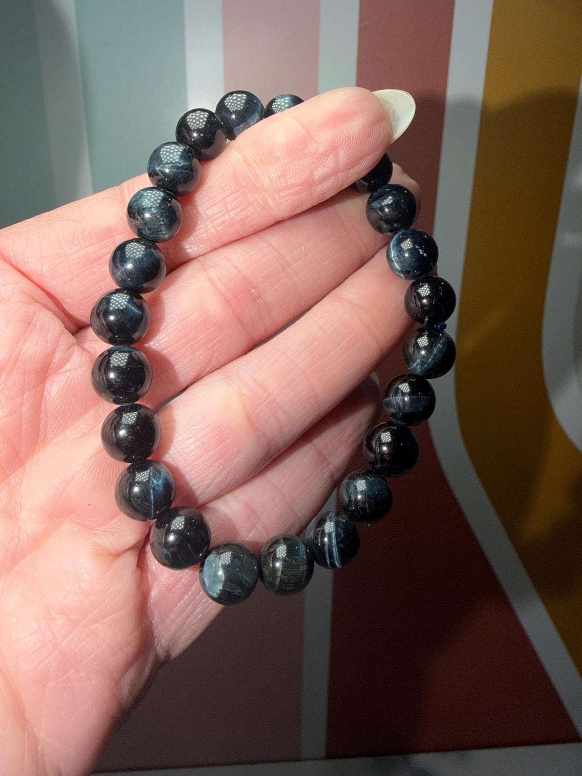 Blue Tiger’s Eye Crystal Stretch Beaded Bracelet, Protective Grounding Gemstone Jewelry (8.6mm)
