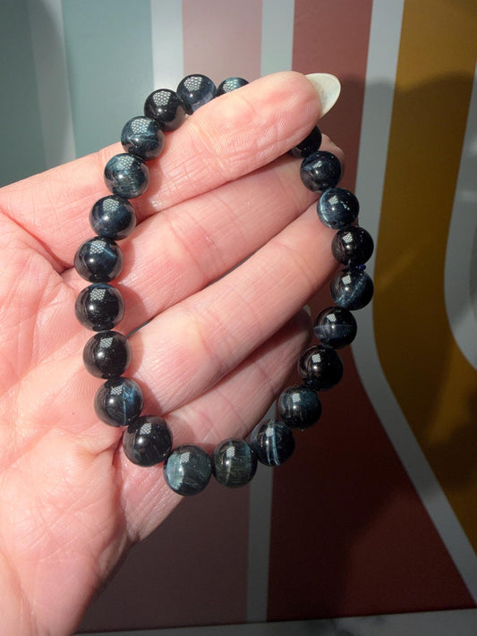 Blue Tiger’s Eye Crystal Stretch Beaded Bracelet, Protective Grounding Gemstone Jewelry (8.6mm)