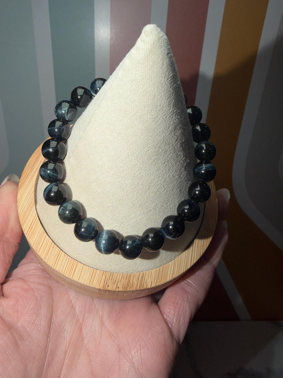 Blue Tiger’s Eye Crystal Stretch Beaded Bracelet, Protective Grounding Gemstone Jewelry (8.6mm)