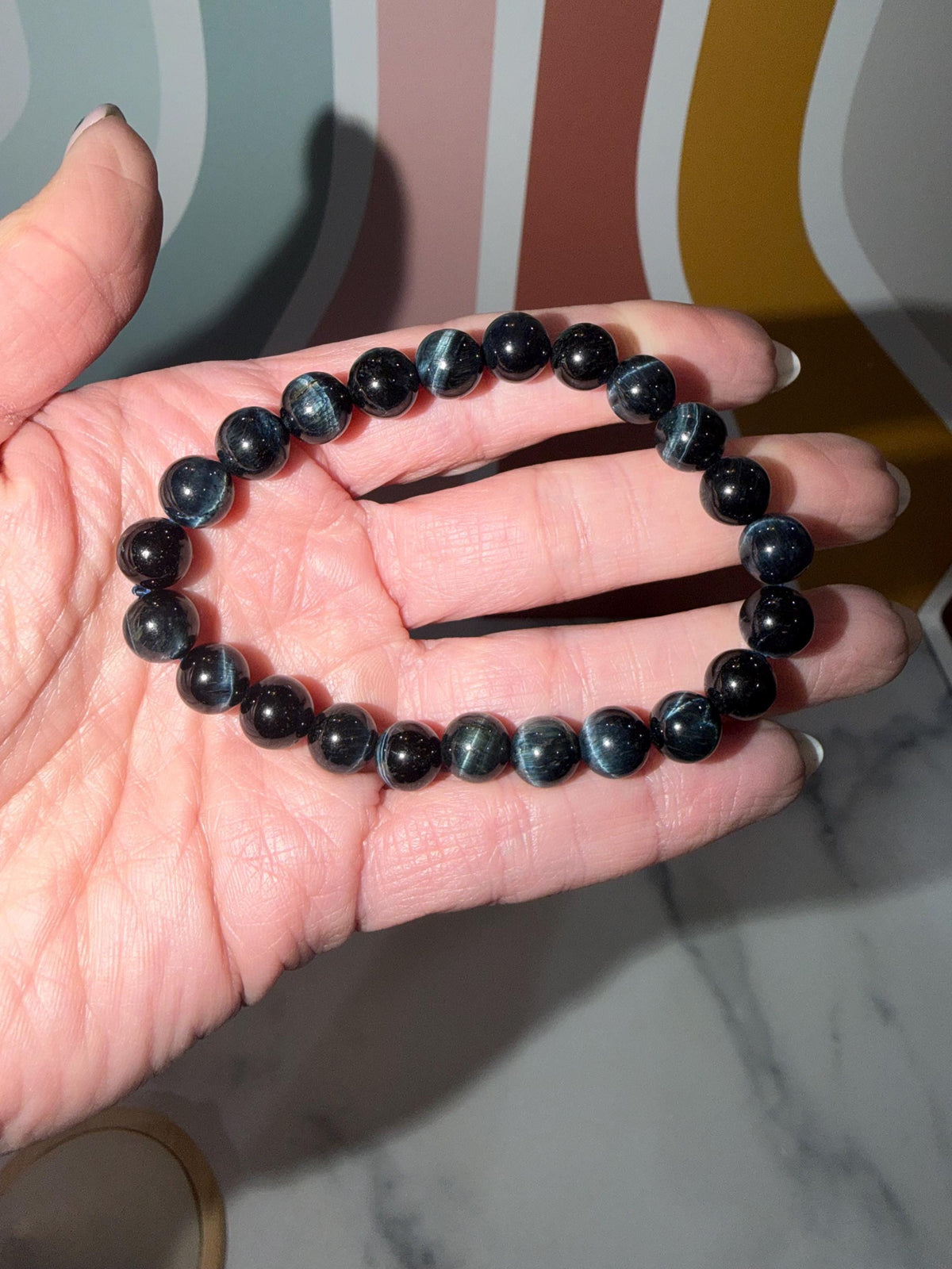 Blue Tiger’s Eye Crystal Stretch Beaded Bracelet, Protective Grounding Gemstone Jewelry (8.6mm)
