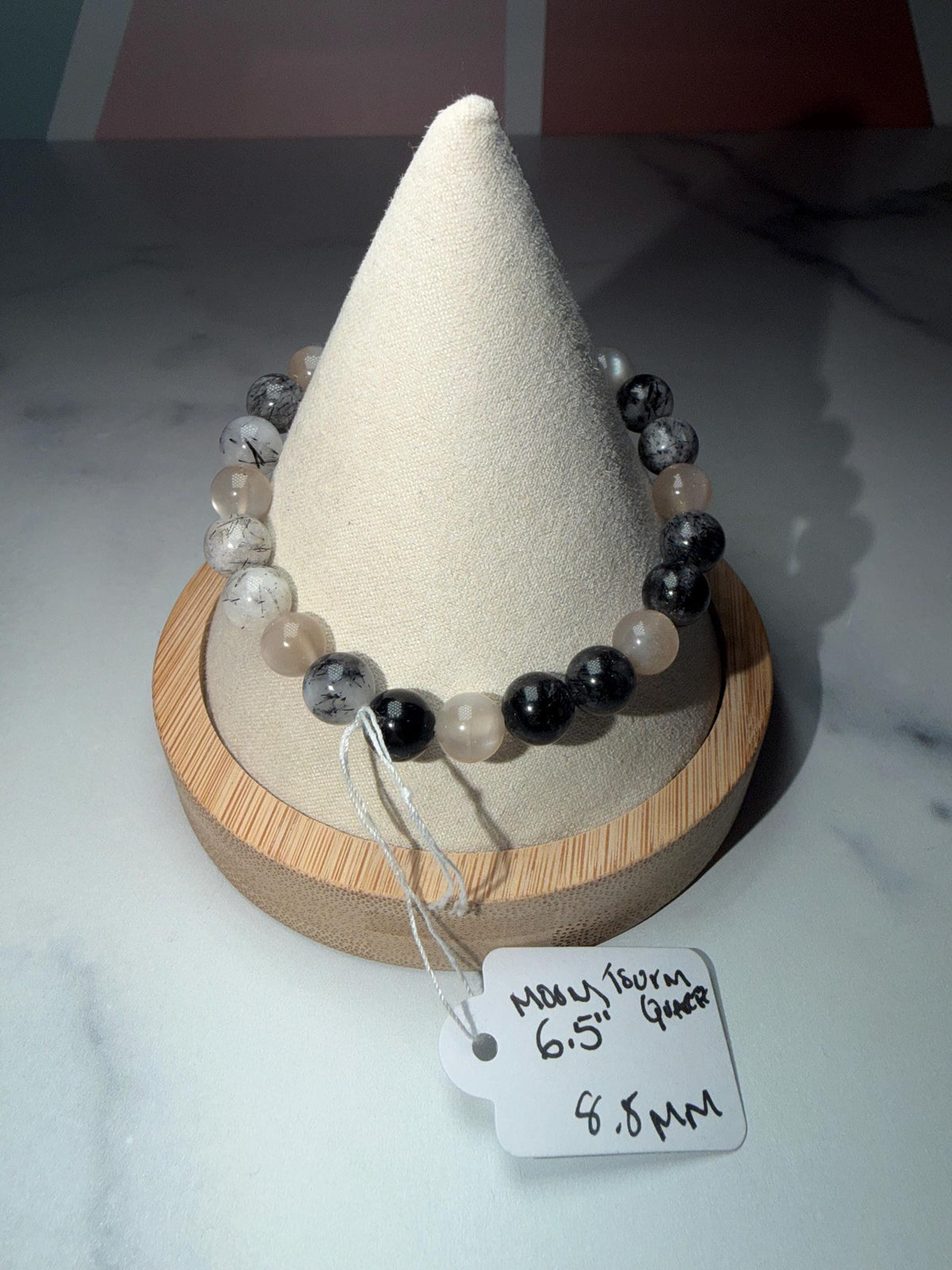 Moonstone and Tourmalated Quartz Stretch Beaded Bracelet, Intuition Protection Balance Jewelry (8.5mm)