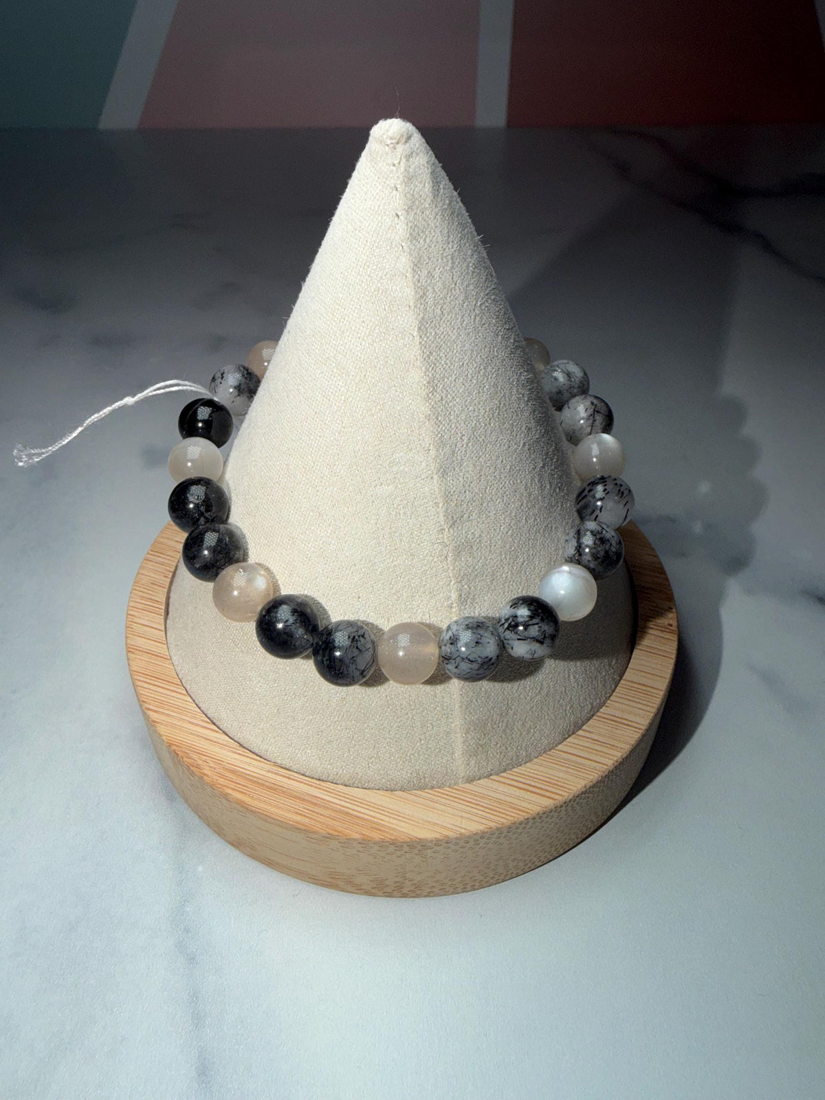 Moonstone and Tourmalated Quartz Stretch Beaded Bracelet, Intuition Protection Balance Jewelry (8.5mm)