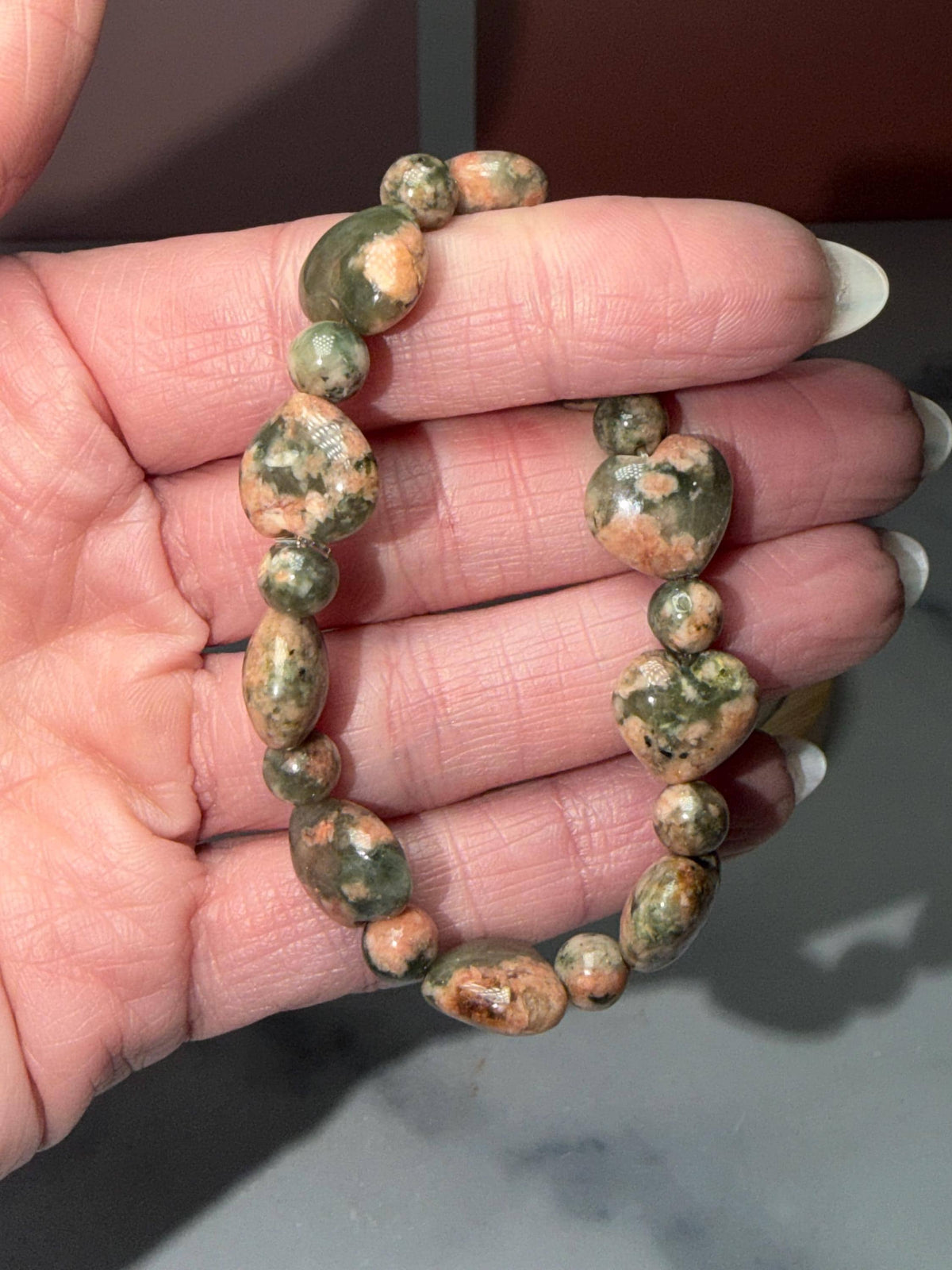 Orthoclase Heart Stretch Beaded Bracelet, Love Calm Emotional Balance Gemstone Jewelry