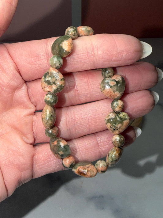 Orthoclase Heart Stretch Beaded Bracelet, Love Calm Emotional Balance Gemstone Jewelry