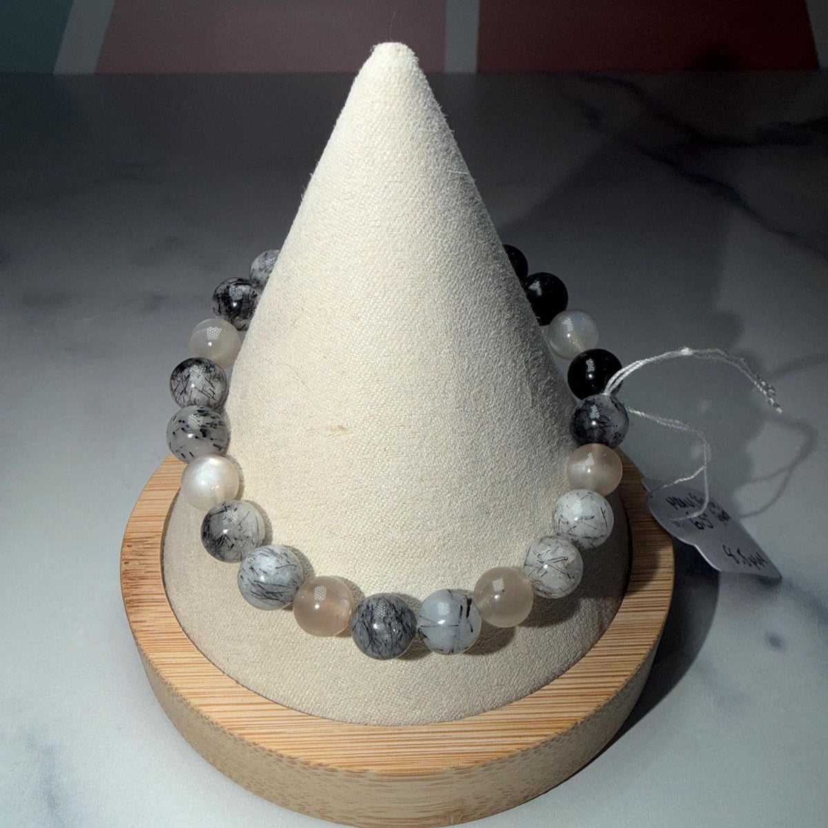 Moonstone and Tourmalated Quartz Stretch Beaded Bracelet, Intuition Protection Balance Jewelry (8.5mm)