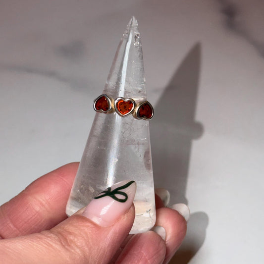 Triple Amber Heart Ring • Sterling Silver 925, Size 6, Warm Gemstone Statement Jewelry