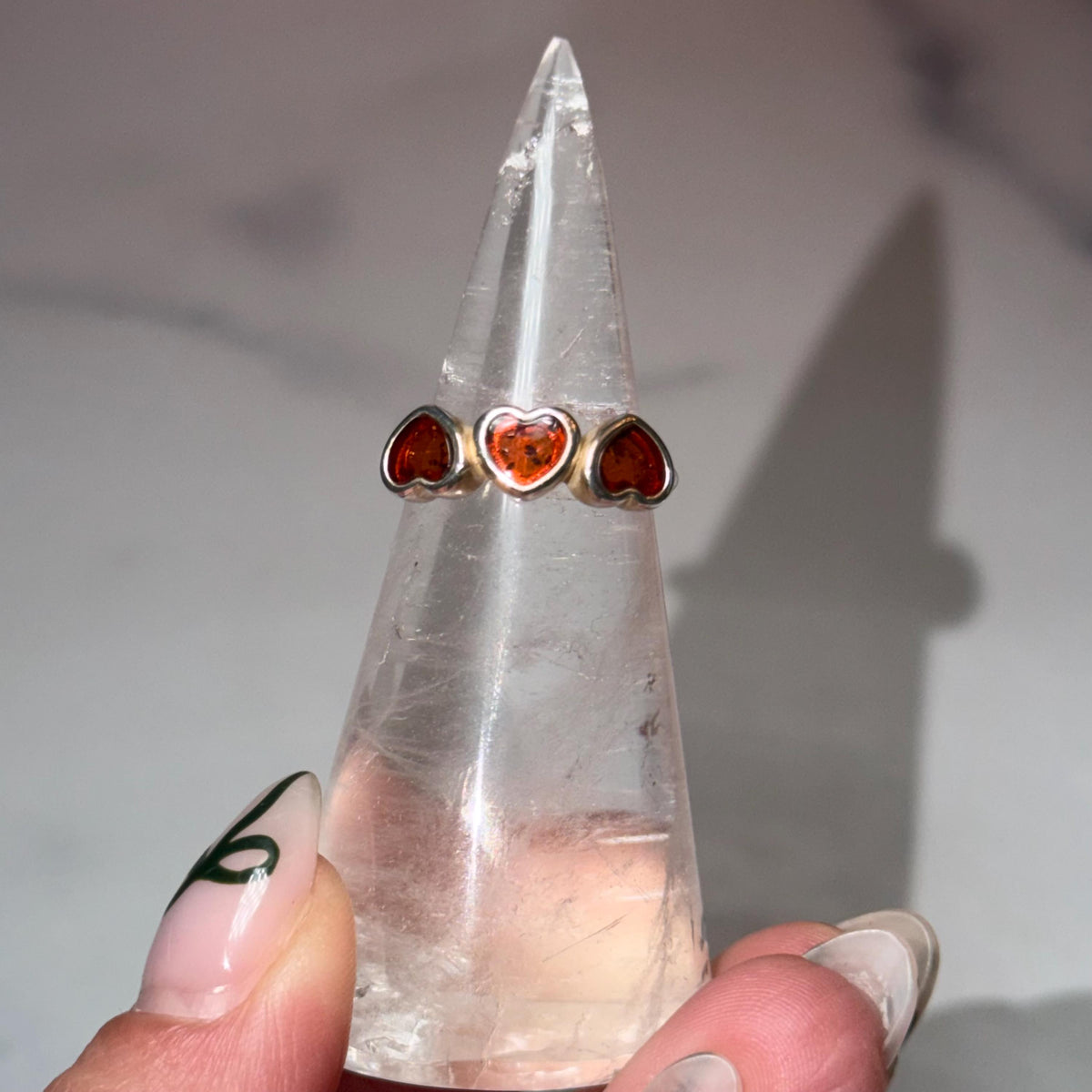 Triple Amber Heart Ring • Sterling Silver 925, Size 6, Warm Gemstone Statement Jewelry