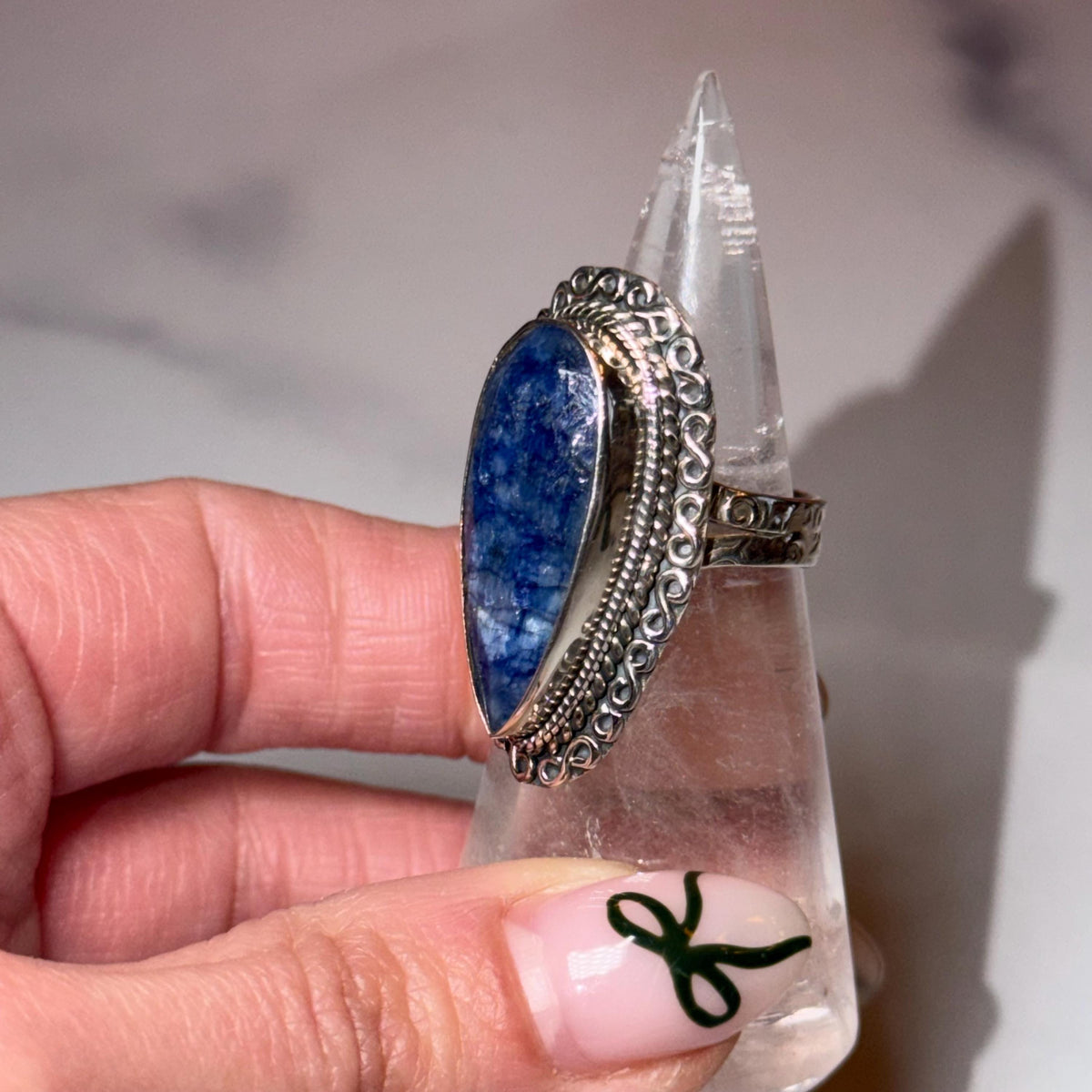 Large Blue Kyanite Statement Ring • Sterling Silver Double Shank Band (Size 7)