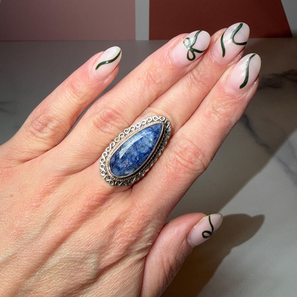 Large Blue Kyanite Statement Ring • Sterling Silver Double Shank Band (Size 7)