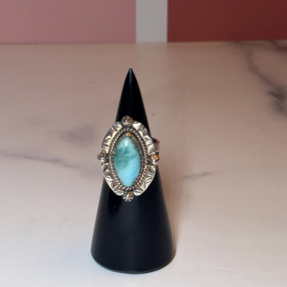 Marquise Larimar Ring, Sterling Silver 925, Natural Caribbean Gemstone, Statement Jewelry (size 6)