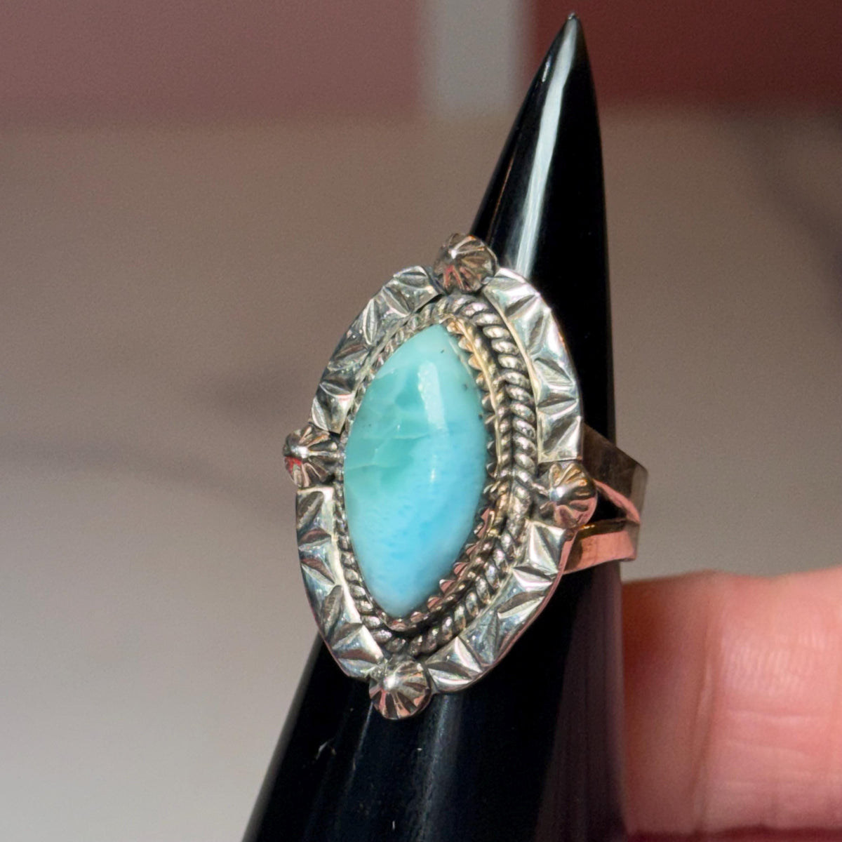 Marquise Larimar Ring, Sterling Silver 925, Natural Caribbean Gemstone, Statement Jewelry (size 6)